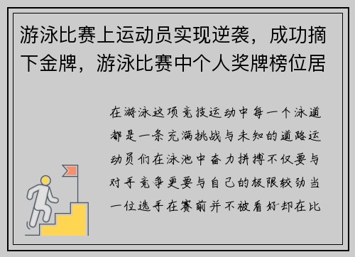 游泳比赛上运动员实现逆袭，成功摘下金牌，游泳比赛中个人奖牌榜位居世界第一的运动员